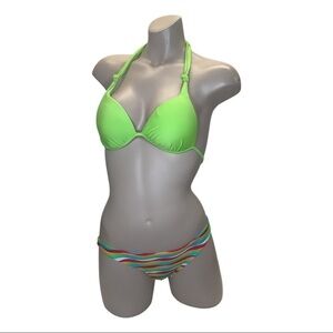 Recco Size Medium Brazilian Green Halter Tie Top & Striped Bottom. New With Tags